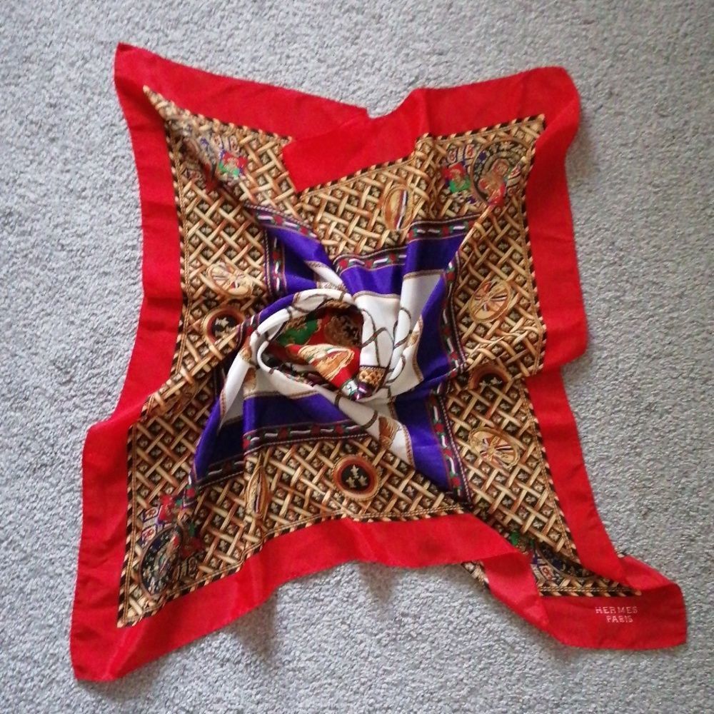 Hermes Multicolor Silk Scarf with Red, Purple, Green and Gold Motif - Picture 7 of 10